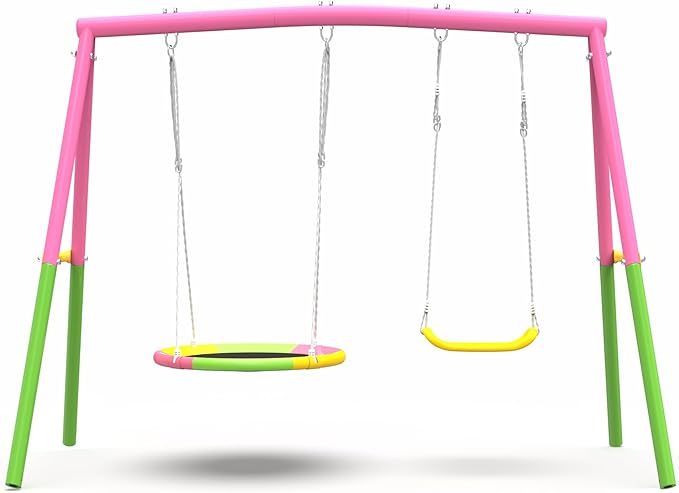 440lbs Swing Set for Backyard with Stand, Swing Heavy Duty Metal Outdoor Swing Stand, Contain 1 Saucer 32 & 1 Belt seat 26.2 for Playground and Backyard Playset, Adjustable Rope (Pink)