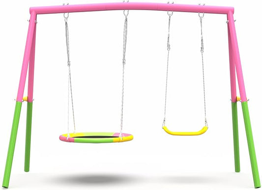 440lbs Swing Set for Backyard with Stand, Swing Heavy Duty Metal Outdoor Swing Stand, Contain 1 Saucer 32" & 1 Belt seat 26.2" for Playground and Backyard Playset, Adjustable Rope (Pink)