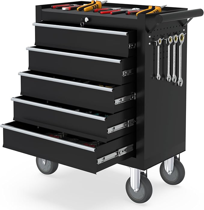5 Drawers Rolling Tool Chest, Portable Storage Tool Box with Wheels, Tool Chest with Lock for Warehouse, Garage, Repair Shop and Tool Room (Black)