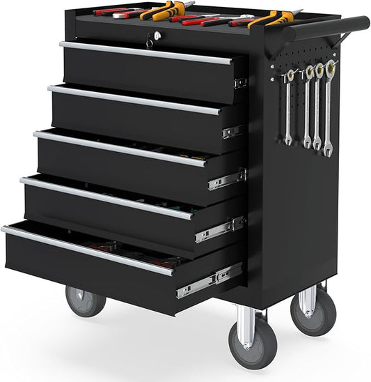 5 Drawers Rolling Tool Chest, Portable Storage Tool Box with Wheels, Tool Chest with Lock for Warehouse, Garage, Repair Shop and Tool Room (Black)