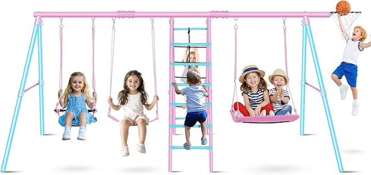 Kids Swing Sets for Backyard 700 lbs - 6 in 1 Multifunction Swing Set Outdoor for Playground, Larger Heavy Duty Metal Swing Stand with 3 Adjustable Swings, Climbing Ladder and Net, Basketball Hoop