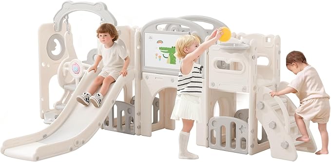 12 in 1 Outdoor Toddler Playsets with for Swing 1-3 Years Toddlers Playground Swing Set Indoor Slide for Kids, Climber Tunnel with Basketball Hoop for Backyard