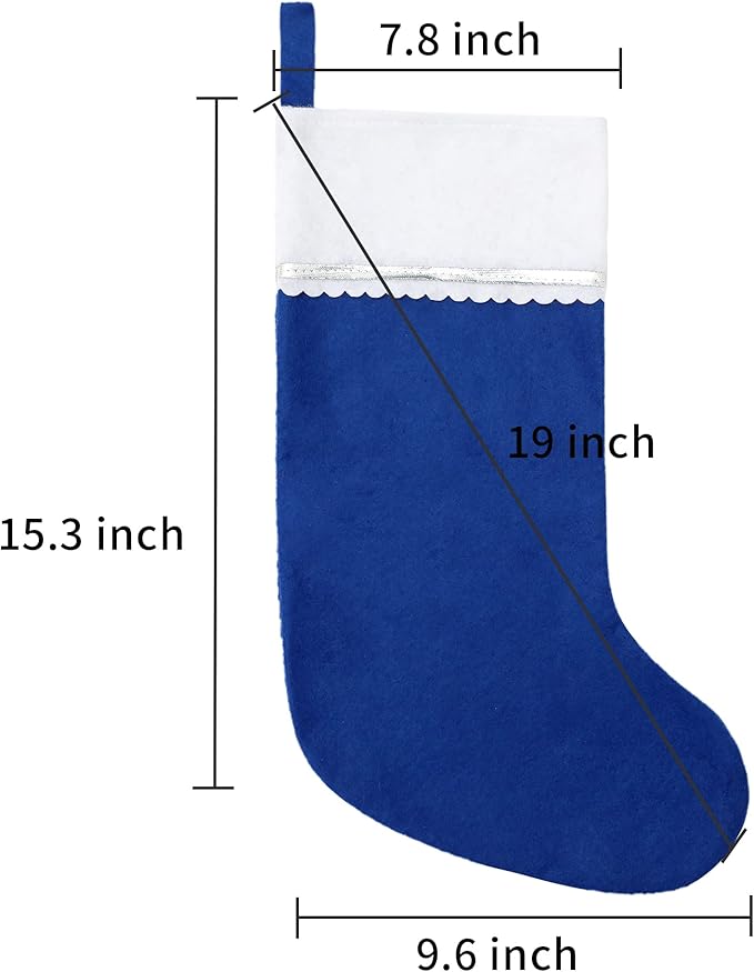 24 Pack Felt Christmas Stockings, 19 Inches Blue and White Christmas Stockings Hanging Ornaments, White Cuff with Silver Trim Christmas Stockings for Family Christmas Holiday Decorations