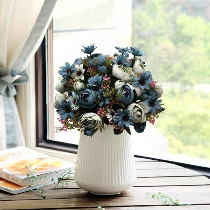 CATTREE Artificial Peony Bud Mixed Flowers, Plastic Plants Silk Fake Flowers Bouquet Bridal Home Garden Office Kitchen Bathroom Table Centerpieces Wedding Decor Decorations 4 pcs - Blue