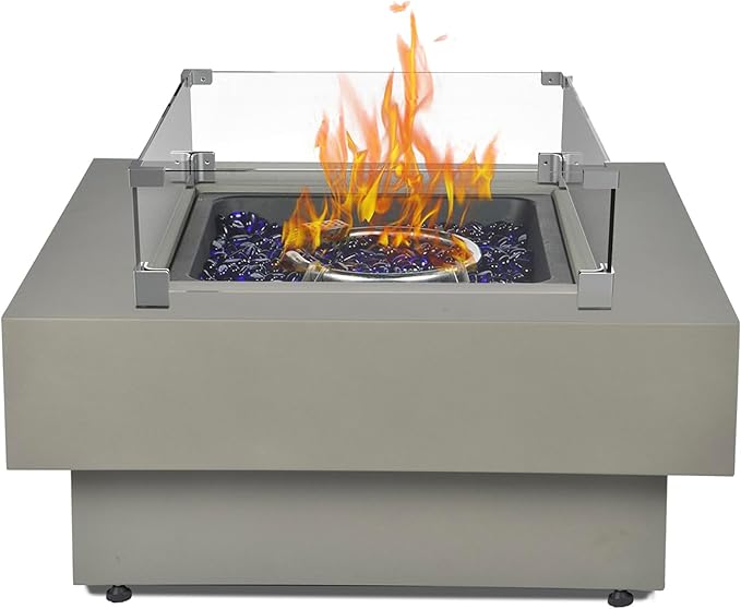 32.5-inch Outdoor Gas Fire Pit with 20lb Propane Tank Cover Table & Wind Glass Shield, 50,000BTU Propane Gas Fire Pits for Outside Patio w/Square Burner Lid, Glass Rocks