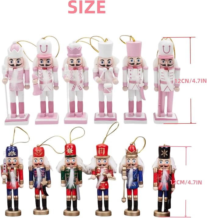 12 PCS Christmas Nutcracker Ornament Set, 4.7Inch Nutcrackers Tree Ornaments Set, Nutcracker Figures with Opening Mouths Christmas Decorations for Xmas Tree, Table Decor