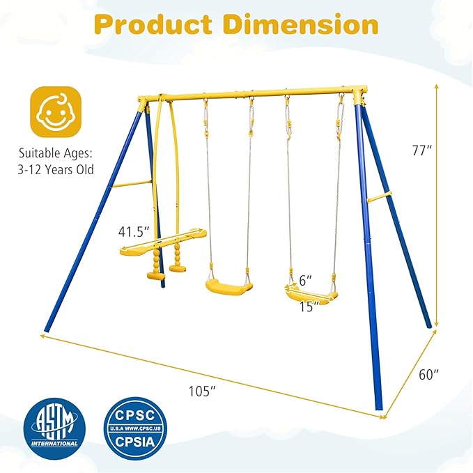 Costzon 440 lbs Swing Set for Backyard, 2-in-1 Heavy Duty Extra Large Metal Swing Frame w/2 Swings, Glider, Adjustable Hanging Ropes, Outdoor Playset Great Gift for Kids