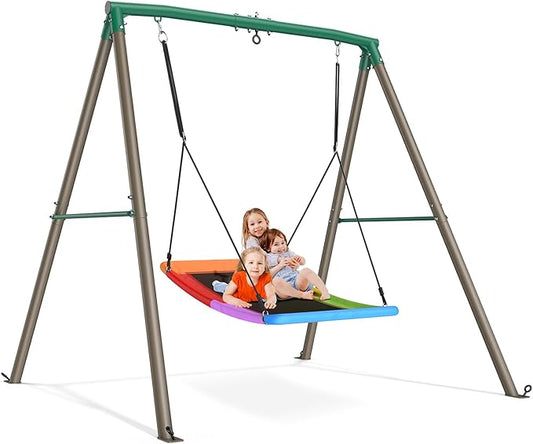 Trekassy Swing Sets for Backyard, 440lbs Heavy Duty A-Frame Metal Stand with 60 Large Platform Swing for Outdoor Playground Park£¨Green/Tan£©