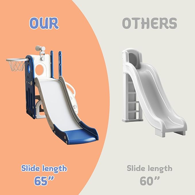 6 in 1 Toddler Slide, Kids Slider for 1-3, Indoor Outdoor Playset Playground with Basketball Hoop, Storage, Climber and Telescope, Great Gift for Baby & Child, Blue and White