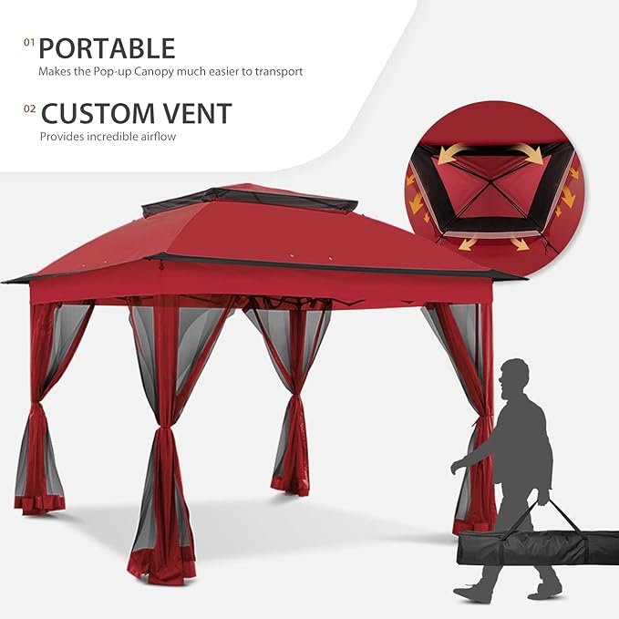 COOS BAY 11x11 Pop Up Gazebo with Mesh Netting, Instant Outdoor Canopy Tent, Water Resistant Shelter with UPF 50+ UV Protection, 121 Sq Ft Coverage, Red