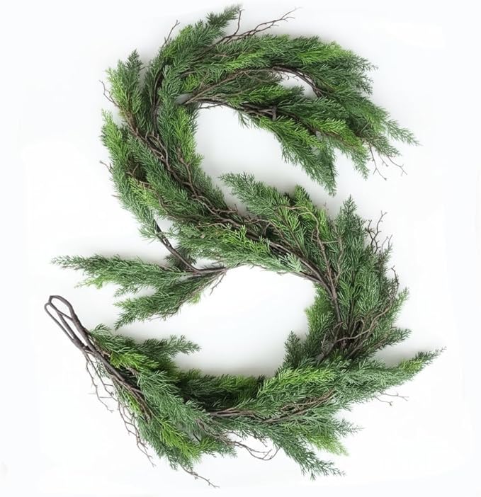 2 pcs 6ft Christmas Real Touch Cypress Garlands with Withered Branches,Suitable for Gifting,Faux Pine Garlands for Xmas Decoration Indoor Stairs Table Railing Fireplace Outdoor (2，6FT)