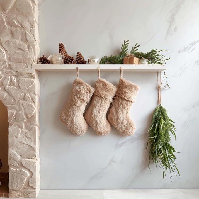 AOGU 3 Pack 19 Inch Beige Christmas Stockings Faux Fur Xmas Christmas Stockings Hanging Ornaments Candy Gift Bags for Christmas Decorations
