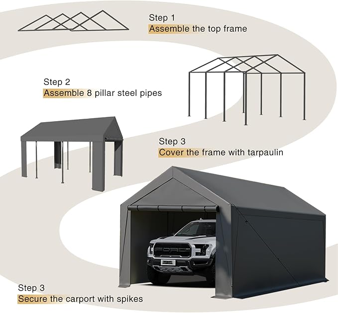 10x20 ft Heavy Duty Carport, Carports Garage with Removable Sidewalls and Reinforced Structure, Outdoor Car Canopy Tent Shelter for Vehicle and Boat (Gray)