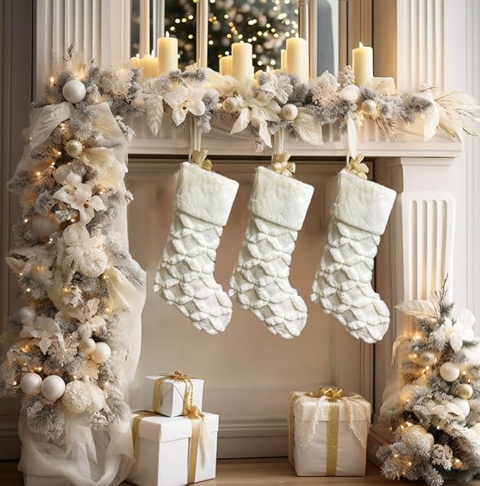AOGU 3 Pack 18 Inch Faux Fur Christmas Stockings Cable Knit Knitted Thick Snowy White Xmas Christmas Stockings Hanging Ornaments Candy Gift Bags for Christmas Decorations