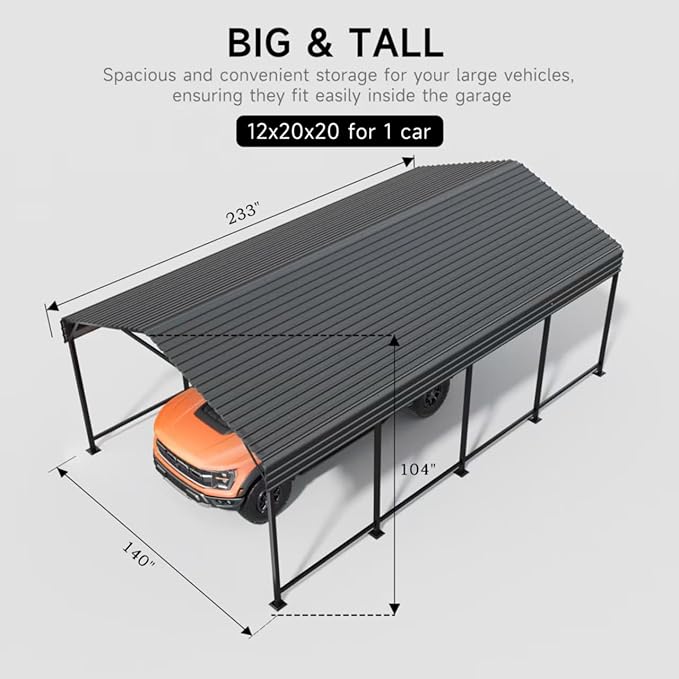 12x20 FT Metal Carport, Enhanced Base and Steel Roof for All-Weather Use, Outdoor Heavy Duty Garage Galvanized Car Shelter for Bass Boats, Full-Sized Pickup Trucks, and Tractors