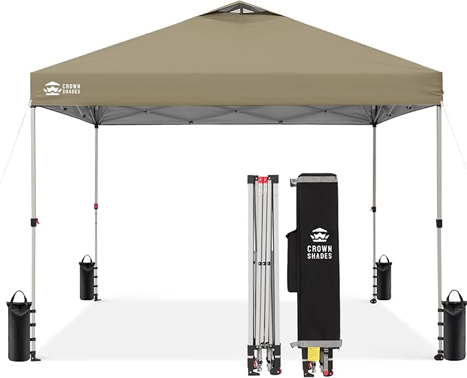 CROWN SHADES 12x12 Pop Up Canopy Outside Canopy, Patented One Push Tent Canopy with Wheeled Carry Bag, Bonus 8 Stakes and 4 Ropes, Beige