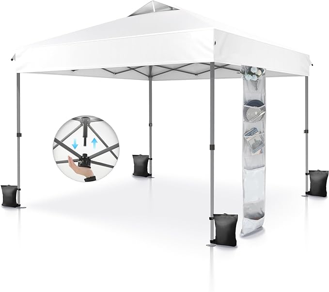 PHI VILLA 10’x10’ Pop Up Canopy Tent - One Push Setup, Instant Shade Tent with Vented Roof for Beach & Events - Includes Storage Bag, Sandbags, Stakes & Ropes (White)