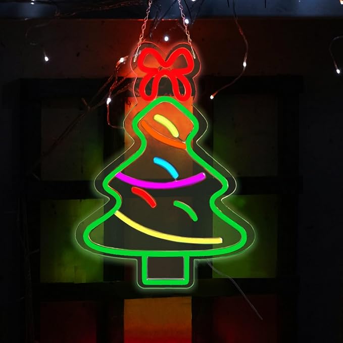 Christmas Tree Neon Sign Christmas Decorations, Dimmable Led Neon Light Up Sign for Xmas Wall Decor Party Home Bar Festival, USB Powered, Include Hanging Chain