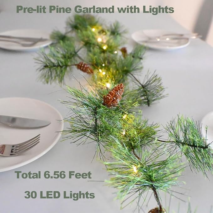 Remote Christmas Smokey Pine Garland with Lights 6.56FT Garlands with Timer 30 LED Fairy Lights Battery Operated Garland Lights with Pinecones Christmas Pre-lit Light for Home