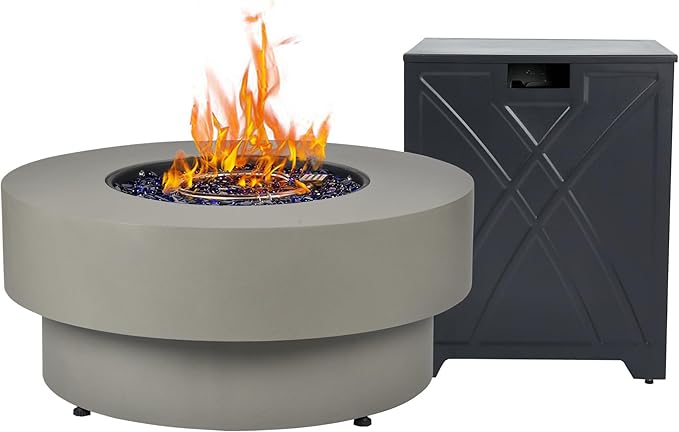32.5-inch Outdoor Propane Fire Pit with 20lb Tank Cover, 50,000BTU Propane Fire Pits for Outside Patio w/Round Burner Lid, Glass Rocks, Pre-Attached 10ft External Hose
