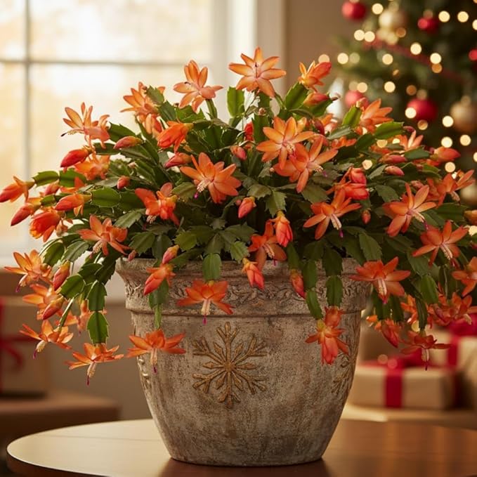 2 Orange Christmas Cactus Plants, Thanksgiving Cactus 3-6 Inch Tall, Winter Succulents Flowers Container Hanging Basket Indoor Outdoor Planting