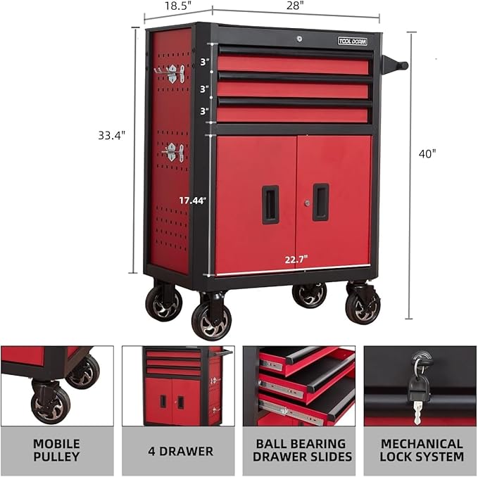 Rolling Tool Chest with Locking Wheels - Tool Box with 3 Drawers & 1 Big Tool Cabinet with 2 Door, 18.5 D x 28 W x 40 H Mobile Tool Storage Cabinet, Heavy-Duty Garage Organizer w/Ergonomic Handle