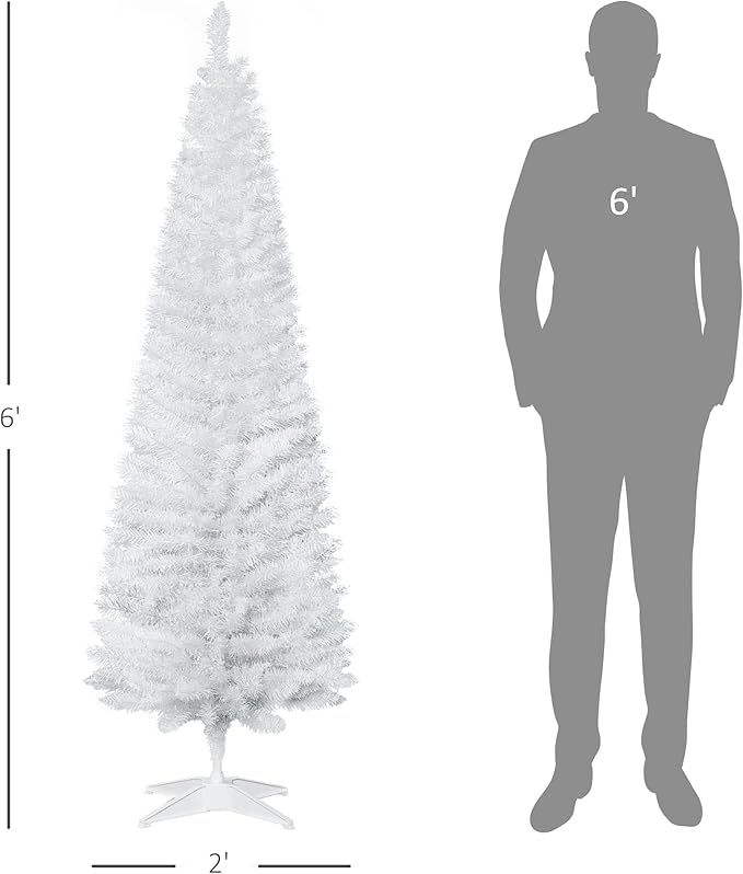 HOMCOM 6' Artificial Pencil Christmas Tree, Slim Xmas Tree with 390 Realistic Branch Tips and Plastic Stand, White