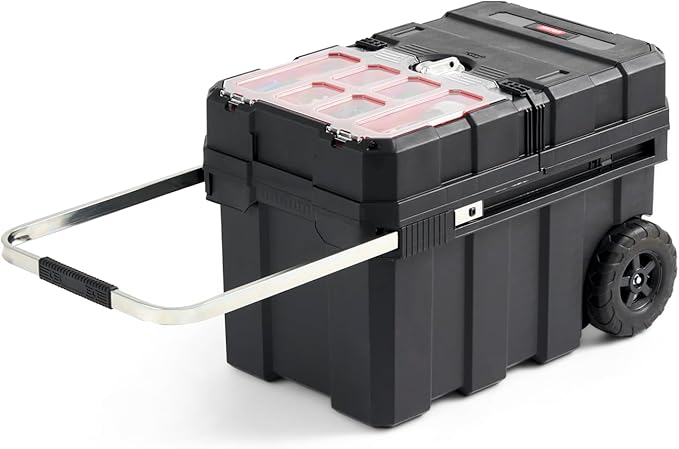 Keter Masterloader Resin Rolling Tool Box with Locking System and Removable Bins ? Perfect Organization and Storage Chest for Power Drill, Tape Measure, and Screwdriver Set, Black