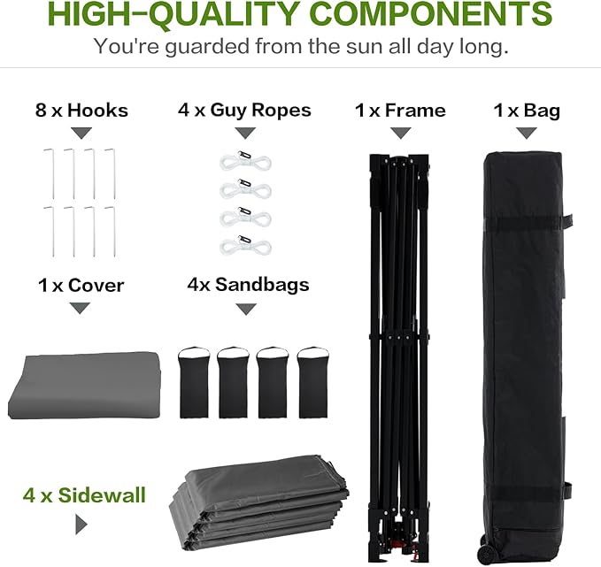 10X10 Comercial Pop Up Canopy Tent with 4 Sidewalls and 6 Pockets, One Push Setup Center Lock, for Beach Patio Outdoor, Case, 8 Stakes, 4 Ropes, 4 Sandbags (Charcoal Grey)