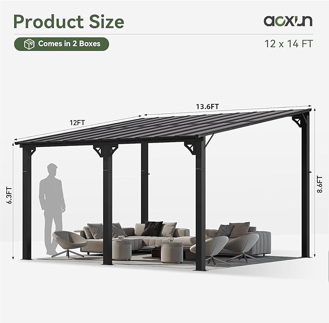 Aoxun 14’x12’ Gazebo, Wall Mounted Gazebos Pergola on Clearance, Outdoor Patio, Large Wall-Mounted Heavy Duty Awnings for Patio, Decks, Backyard