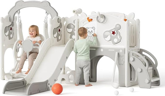 Mloong 11 in 1 Toddler Slide and Swing Set, Kids Slide for Toddlers 1-3 Years Old Baby, Indoor Outdoor with Basketball Hoop Drawing Golf for Kids Easy Assembly(Beige & Gray)(82×67×41in)