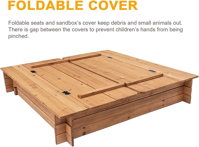 BIRASIL Wood Sandbox with 2 Bench Seats, Sand Boxes with Lid for Kids, Sand Pit with Cover for Outdoor Backyard Patio, 48 Inch