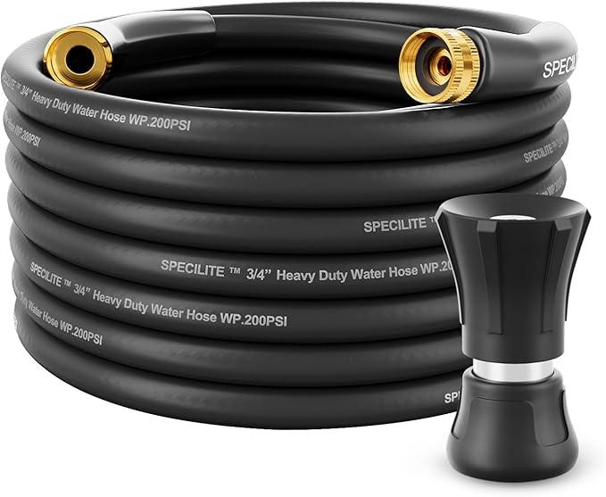 SPECILITE 3/4 Garden Hose 50 ft with High Flow Nozzle, Heavy Duty Flexible Hybrid Rubber Water Hose for Outdoor, Lightweight, Leak-Proof, No-Kink, 3/4Brass Fittings,Black