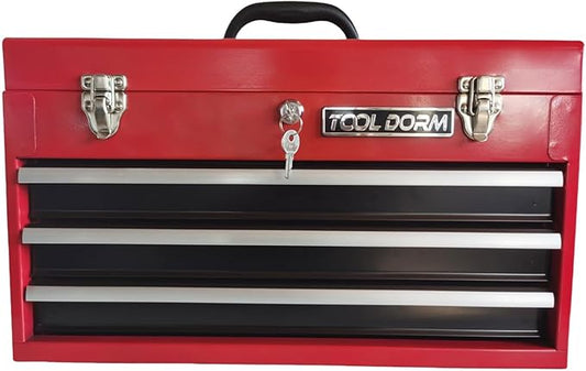20.3¡° Metal Tool Box with Drawer Portable Steel Tool Box with Protective Liner and Latch Closure and Lock for Garage, Home and Warehouse (Red & Black-3 Drawers)
