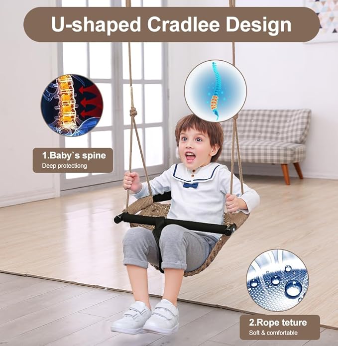 2 -in- 1 Toddler Swing. Swing Seat for Kids with Adjustable Ropes, for Kids Heavy Duty Rope Play Secure Children Swings Set, for Outdoor Indoor, Backyard. Upgrade Product (Light Brown)