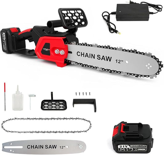 ALSO GO 12-inch Electric Chainsaw Cordless, 21V Battery Powered Chainsaw, Brushless Chain Saw with a 3.0Ah Battery, a Chain and a Charger Included, for Tree Trimming, Wood Cutting, Pruning