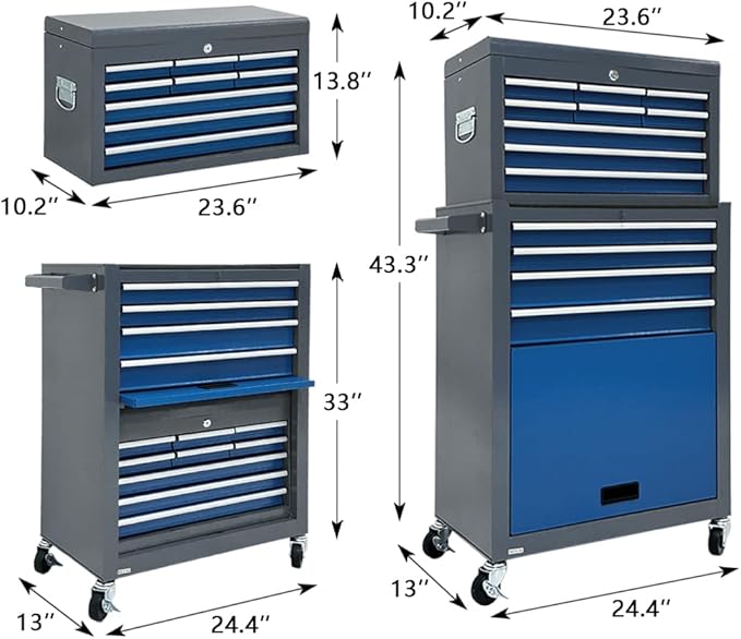 13-Drawer Rolling Tool Chest, 2-in-1 Heavy Duty Detachable Storage Cabinet with Lockable Wheels & Removable Top Box, 600 lbs Capacity for Mechanics, Garage Workshop (Blue£¦Grey)