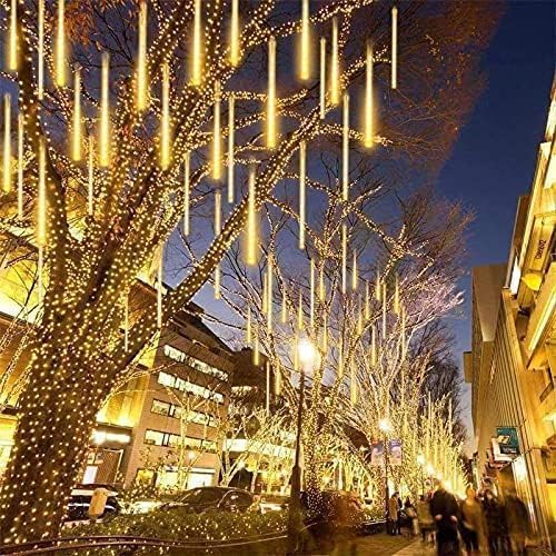 Solar Meteor Shower Lights Outdoor, Waterproof Christmas Lights Decorations Solar Powered 16 Tubes 384LED Icicle String Light, Snow Cascading Rain Drop Light for Xmas Tree Garden Decor (Warm White)