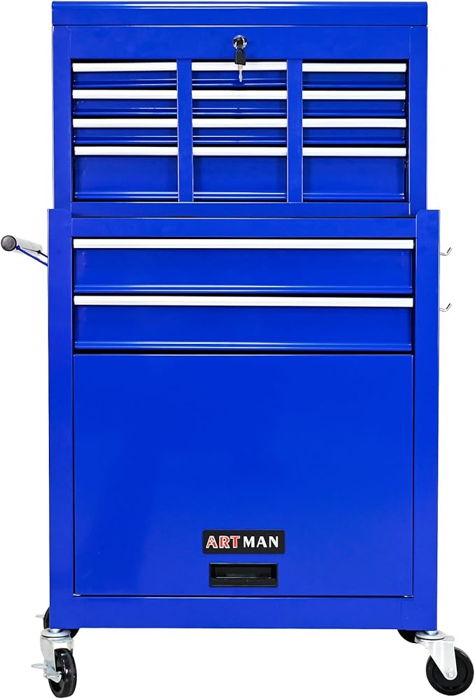 High Capacity Rolling Tool Chest with Wheels and 8 Drawers,Metal Storage Tool Cabinet W/Mobile Case,Pull Handle,4 Hooks,for Workshop Mechanics Garage,Blue
