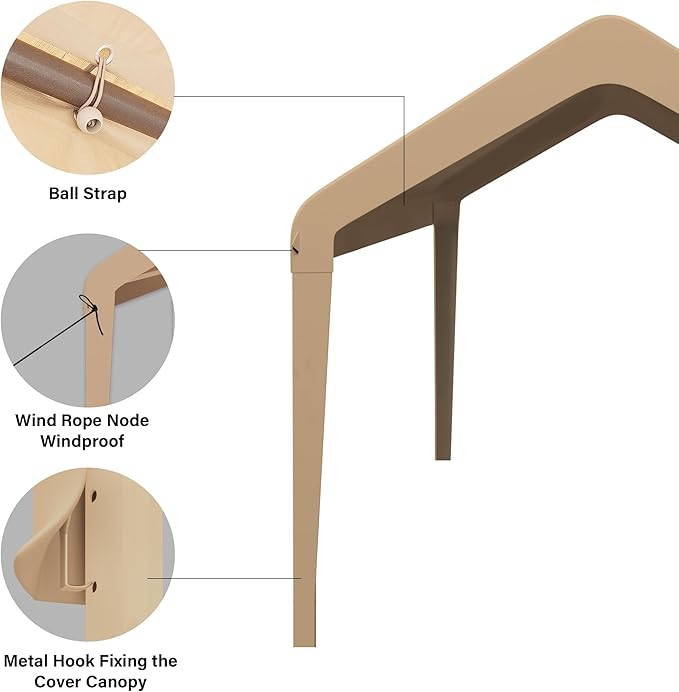 Canopy Replacement Cover, Carport Replacement Canopy, 800D Oxford Waterproof & UV Protected Tarp with Ball Bungees (Frame is not Included) (Beige, 12x20)