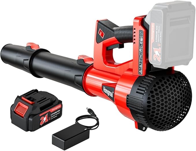 Leaf Blower Cordless, 500 CFM 21V Electric Cordless Leaf Blower with 4.0Ah Battery and Charger, Lightweight, 6 Speed Modes, for Lawn Care, Patio, Blowing Leaves and Dust (Red)