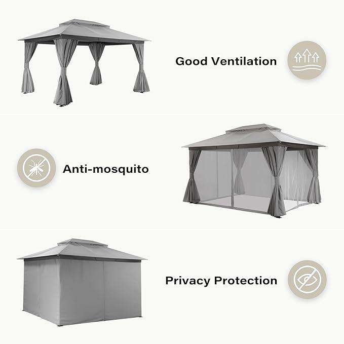 LAUSAINT HOME 10x13ft Outdoor Patio Gazebo with Double Roof, Heavy Duty Waterproof Gazebo Canopy Tent with Mosquito Netting for Backyard, Garden, Lawn & Wedding, Grey