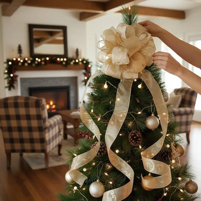 CT CRAFT LLC Champagne Gold Swirl Less Glitter Christmas Tree Topper Bow 11" with 4 Ribbon Streamers x 3 Yards Long Each for Holidy Elegant Fancy Home Décor Indoor