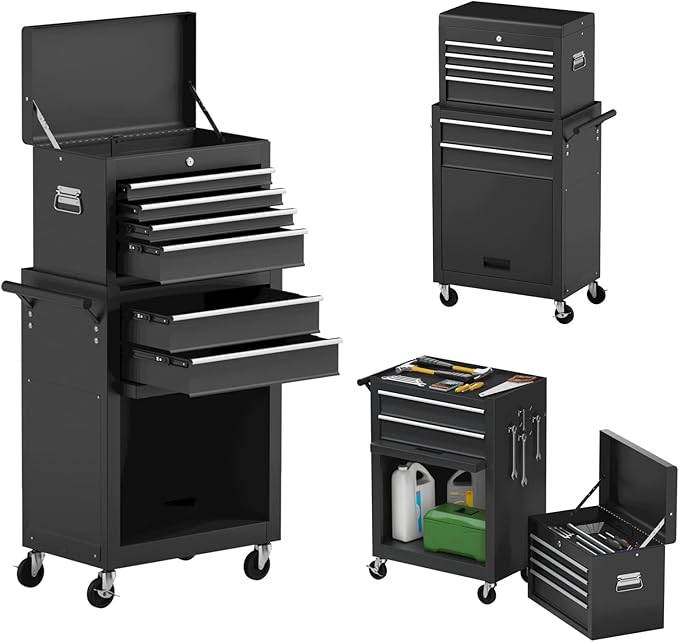 Goplus Rolling Tool Chest, 6-Drawer Tool Box Organizer w/Auto Locking System & Lockable Wheels & Sliding Drawers & Detachable Top, Tool Storage Cabinet for Garage Workshop (Black) ¡¦