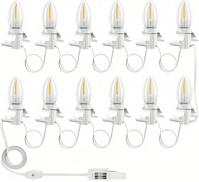 Christmas Village Lights with 12 LED Warm White Bulbs, C7 Light Cord for Christmas Village Houses, Pumpkin Crafts, Halloween & Holiday Decorations