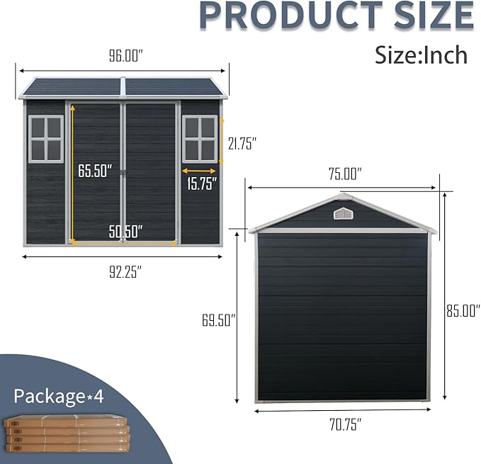 8x6 FT Resin Storage Sheds Outdoor with Floor, 2 Windows & Lockable Door Storage Shed - Waterproof Garden Tool Shed, Patio & Backyard Tool Storage Cabinet Use - Black