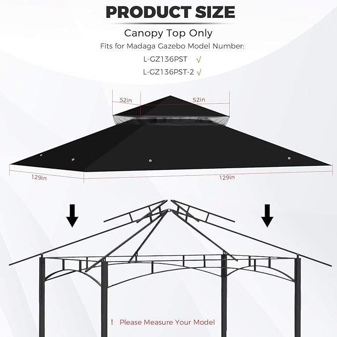 Gazebo Replacement Canopy Top Waterproof Cover, Fits Model L-GZ136PST, Double-Tiered and UV-Resistant (Black)