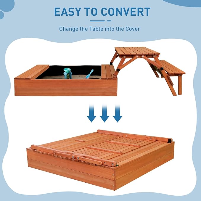 Wooden Kids Sandbox with Lid Sand Box with Cover Outdoor Sand Pit with Picnic Table Ages 4-8 Bottom Liner