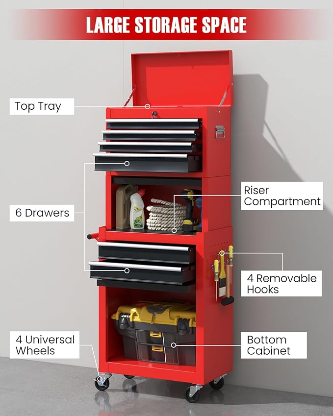 ARNOT 2-in-1 Rolling Tool Chest with 5 Drawers, Heavy-Duty Metal Tool Box with Wheels, Detachable Top Tool Box & Rolling Tool Cabinet for Garage, DIY (6-Drawers Whith Middle Box, Red+Black)