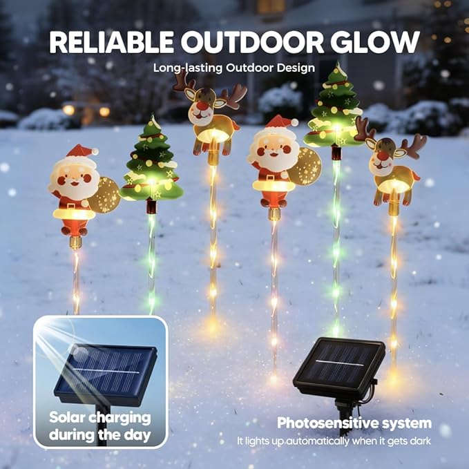 6-Pack of Moving Christmas Lights, LED Solar Christmas Lights Outdoor Waterproof, Moving Christmas Tree & Reindeer Decorations for Yard, Garden, Courtyard, and Path, Easy to Install (B, Solar)